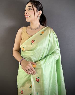 mint green lichi silk blend parrot & floral woven design zari weaving paithani saree 4