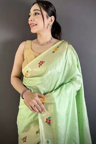 mint green lichi silk blend parrot & floral woven design zari weaving paithani saree