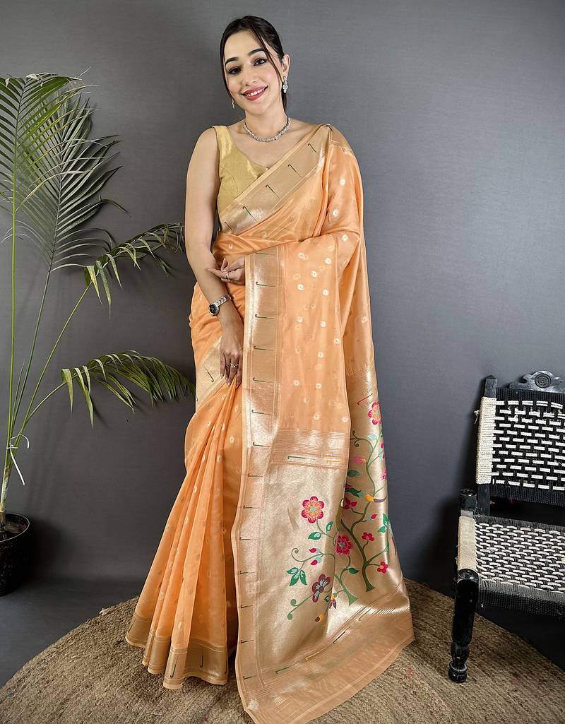 Peach tissue parrot & floral woven design paithani saree