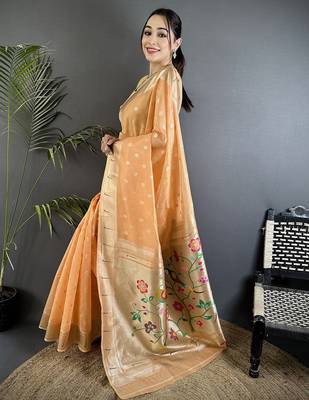 Peach tissue parrot & floral woven design paithani saree 2