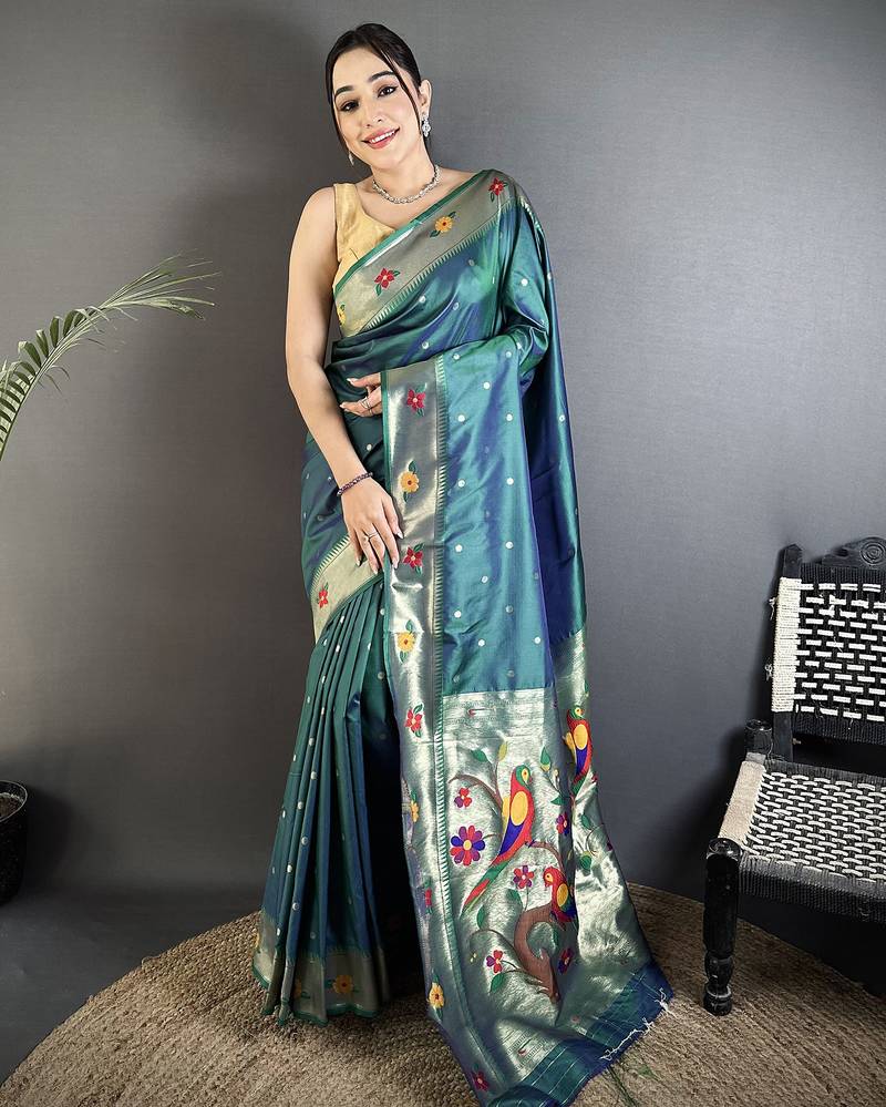 teal lichi silk blend parrot & floral woven design zari weaving paithani saree