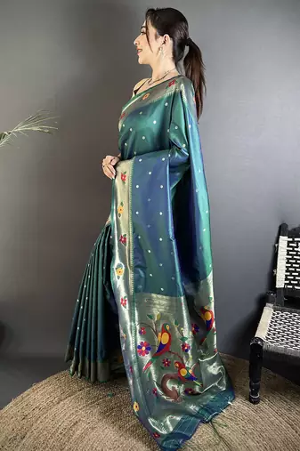 teal lichi silk blend parrot & floral woven design zari weaving paithani saree