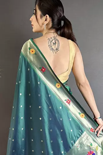 teal lichi silk blend parrot & floral woven design zari weaving paithani saree