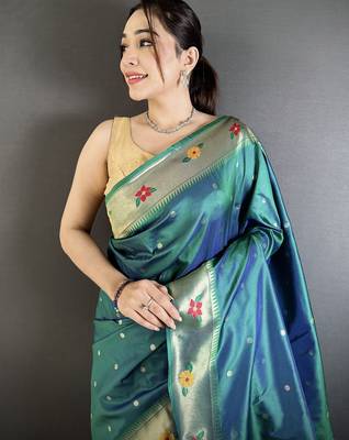 teal lichi silk blend parrot & floral woven design zari weaving paithani saree 4