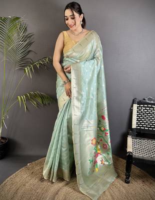 Sky blue tissue parrot & floral woven design paithani saree 1