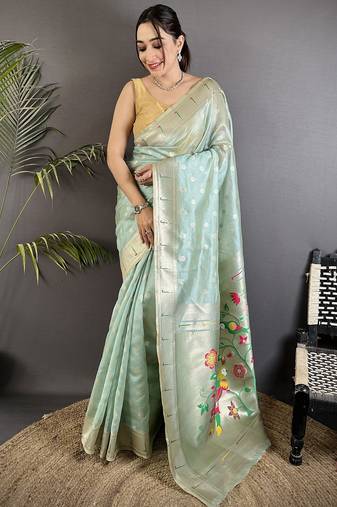 Sky blue tissue parrot & floral woven design paithani saree