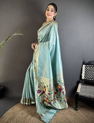 sky blue lichi silk blend parrot & floral woven design zari weaving paithani saree 2