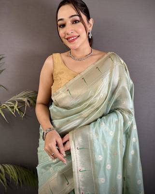 Sky blue tissue parrot & floral woven design paithani saree 4