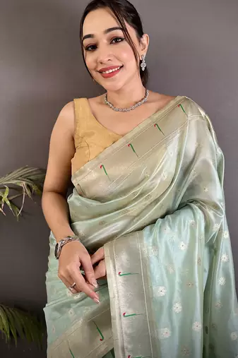 Sky blue tissue parrot & floral woven design paithani saree