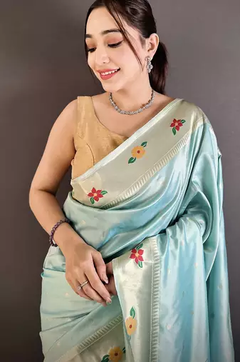 sky blue lichi silk blend parrot & floral woven design zari weaving paithani saree