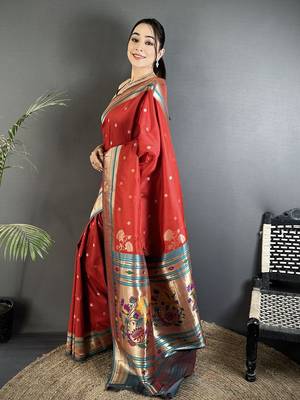 red lichi silk blend floral motifs zari weaving paithani saree 2