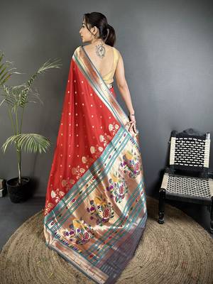 red lichi silk blend floral motifs zari weaving paithani saree 3