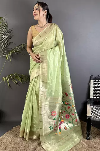 Lime green tissue parrot & floral woven design paithani saree
