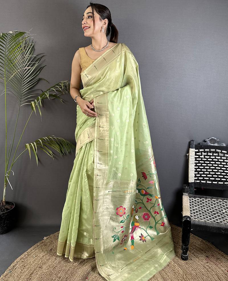 Lime green tissue parrot & floral woven design paithani saree