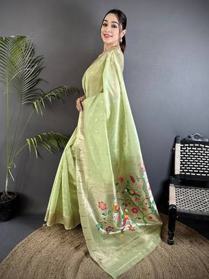 Lime green tissue parrot & floral woven design paithani saree 2