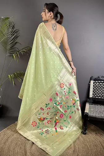 Lime green tissue parrot & floral woven design paithani saree