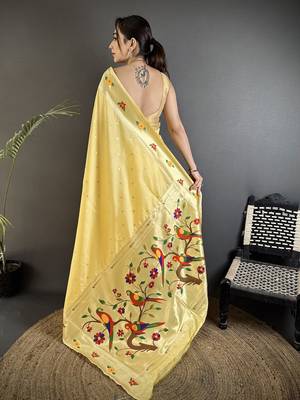 light yellow lichi silk blend parrot & floral woven design zari weaving paithani saree 3