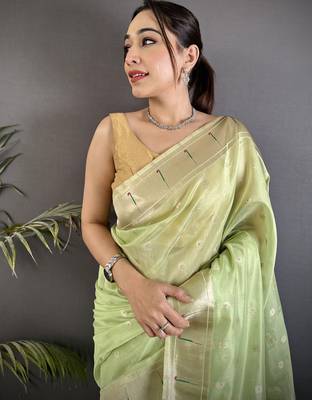 Lime green tissue parrot & floral woven design paithani saree 4