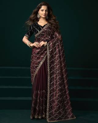 Maroon net jaal pattern sequence embroidery thread work party wear saree 1
