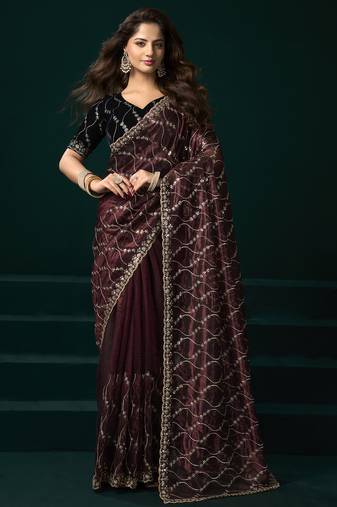 Maroon net jaal pattern sequence embroidery thread work party wear saree