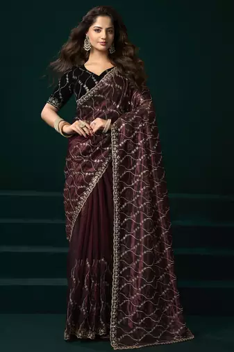 Maroon net jaal pattern sequence embroidery thread work party wear saree