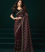 Maroon net jaal pattern sequence embroidery thread work party wear saree