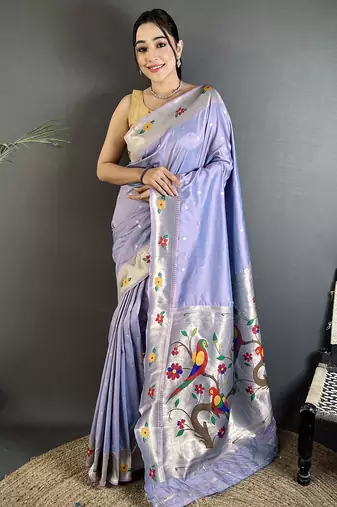 lavender lichi silk blend parrot & floral woven design zari weaving paithani saree