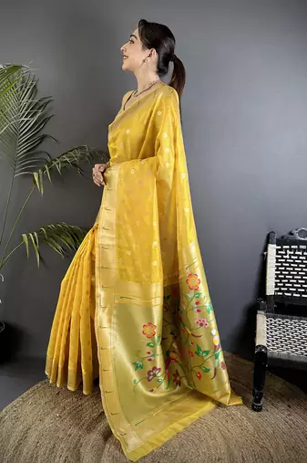 Yellow tissue parrot & floral woven design paithani saree