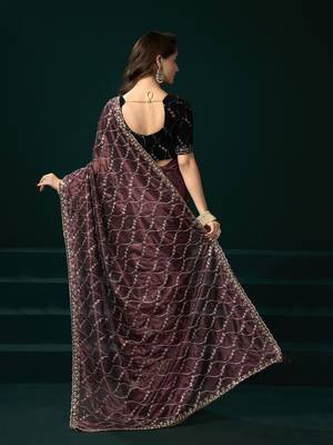 Maroon net jaal pattern sequence embroidery thread work party wear saree 3
