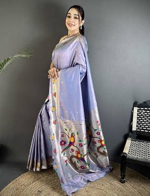 lavender lichi silk blend parrot & floral woven design zari weaving paithani saree 2