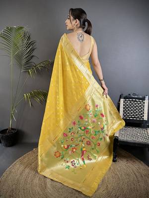 Yellow tissue parrot & floral woven design paithani saree 3