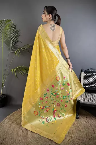 Yellow tissue parrot & floral woven design paithani saree