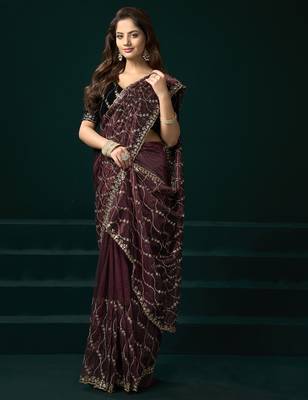 Maroon net jaal pattern sequence embroidery thread work party wear saree 4
