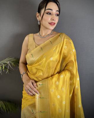 Yellow tissue parrot & floral woven design paithani saree 4