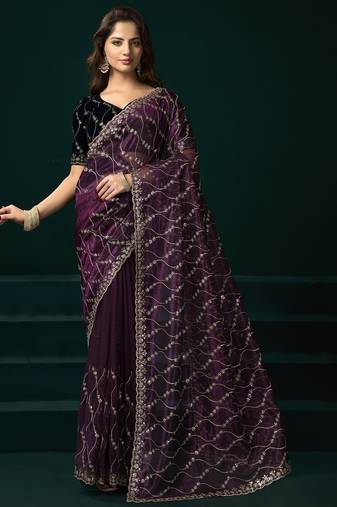 Wine net jaal pattern sequence embroidery thread work party wear saree
