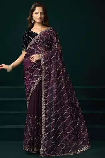 Wine net jaal pattern sequence embroidery thread work party wear saree