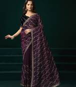 Wine net jaal pattern sequence embroidery thread work party wear saree