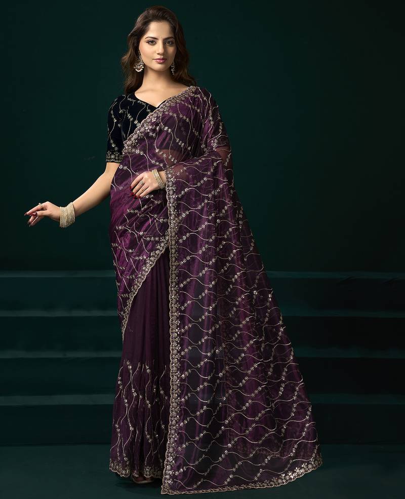 Wine net jaal pattern sequence embroidery thread work party wear saree
