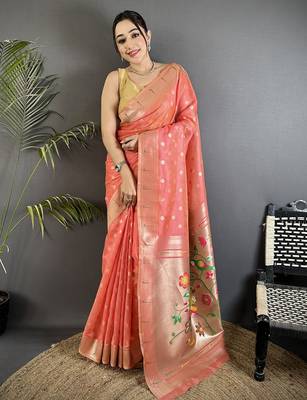 Pink tissue parrot & floral woven design paithani saree 1