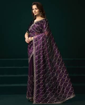 Wine net jaal pattern sequence embroidery thread work party wear saree 2