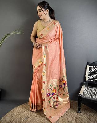 peach lichi silk blend parrot & floral woven design zari weaving paithani saree 1