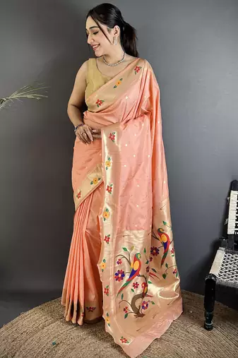 peach lichi silk blend parrot & floral woven design zari weaving paithani saree