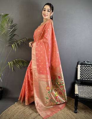 Pink tissue parrot & floral woven design paithani saree 2
