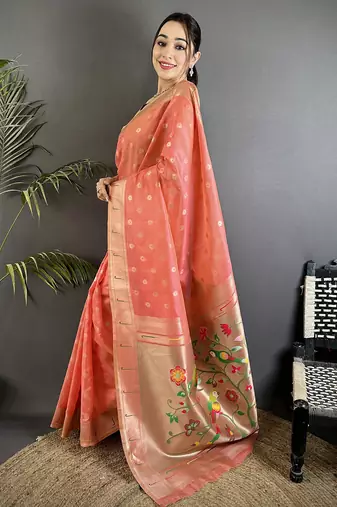 Pink tissue parrot & floral woven design paithani saree