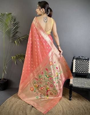 Pink tissue parrot & floral woven design paithani saree 3