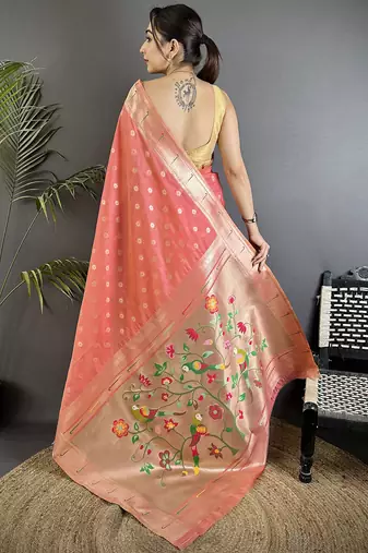 Pink tissue parrot & floral woven design paithani saree