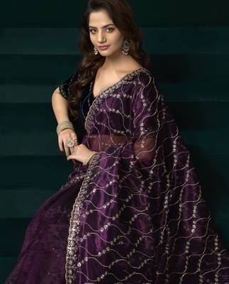 Wine net jaal pattern sequence embroidery thread work party wear saree 5
