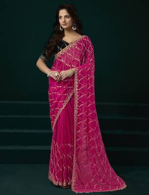 Rani pink net jaal pattern sequence embroidery thread work party wear saree 1