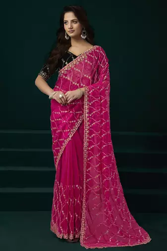 Rani pink net jaal pattern sequence embroidery thread work party wear saree