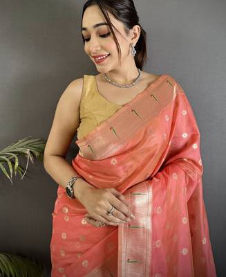Pink tissue parrot & floral woven design paithani saree 4